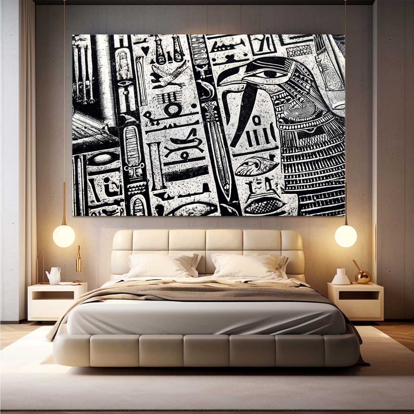 Monochrome Hieroglyph Column Egyptian Art – styled in a furnished interior