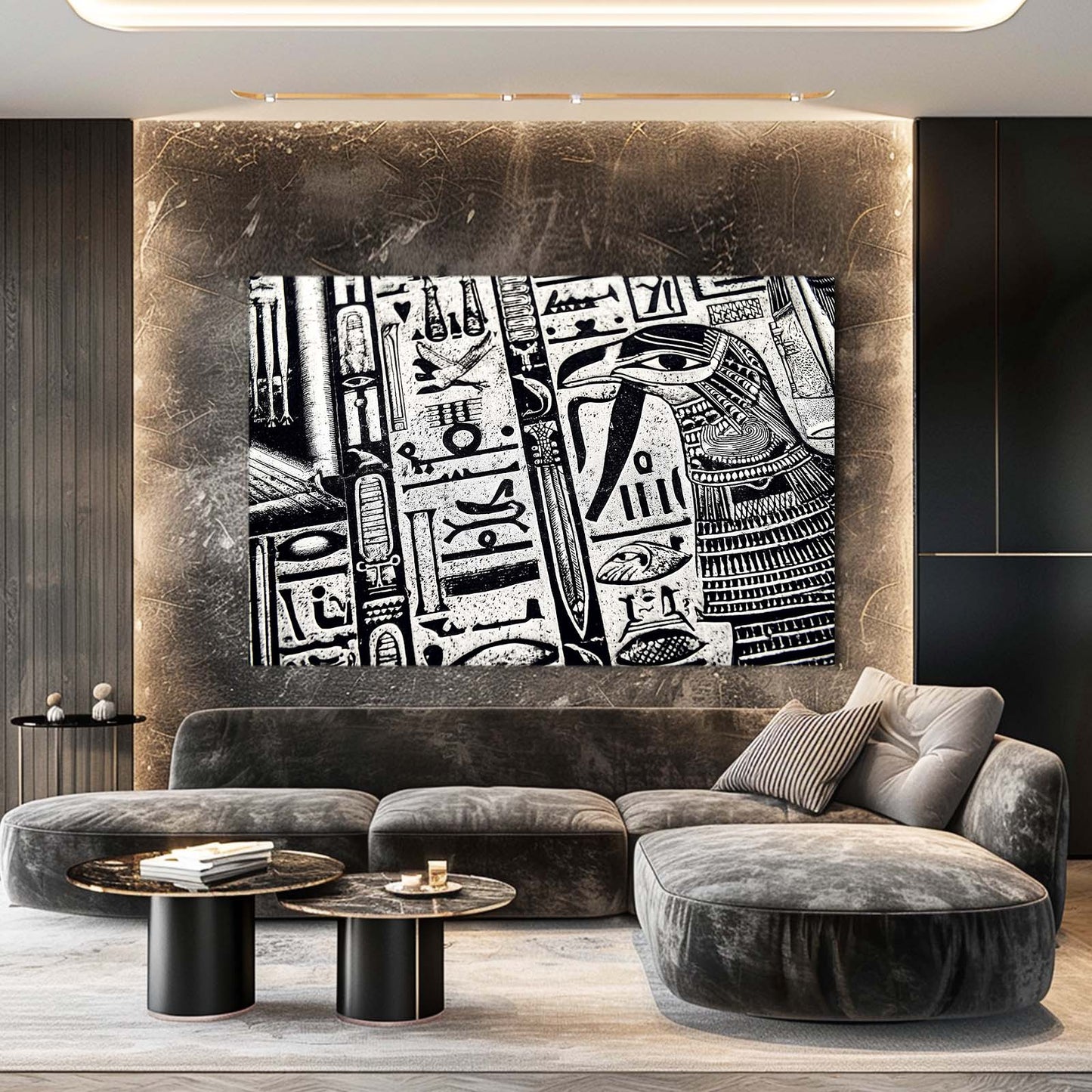Monochrome Hieroglyph Column Egyptian Art – styled in a furnished interior