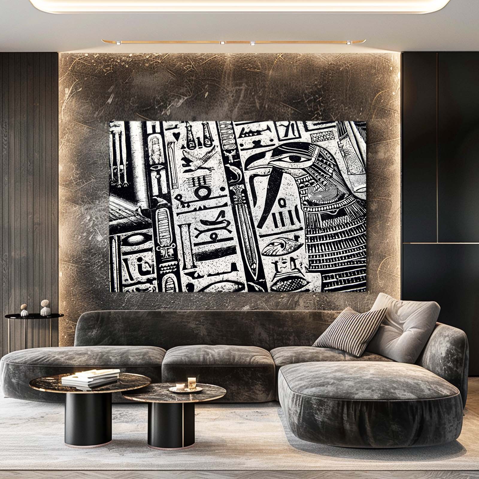 Monochrome Hieroglyph Column Egyptian Art – styled in a furnished interior