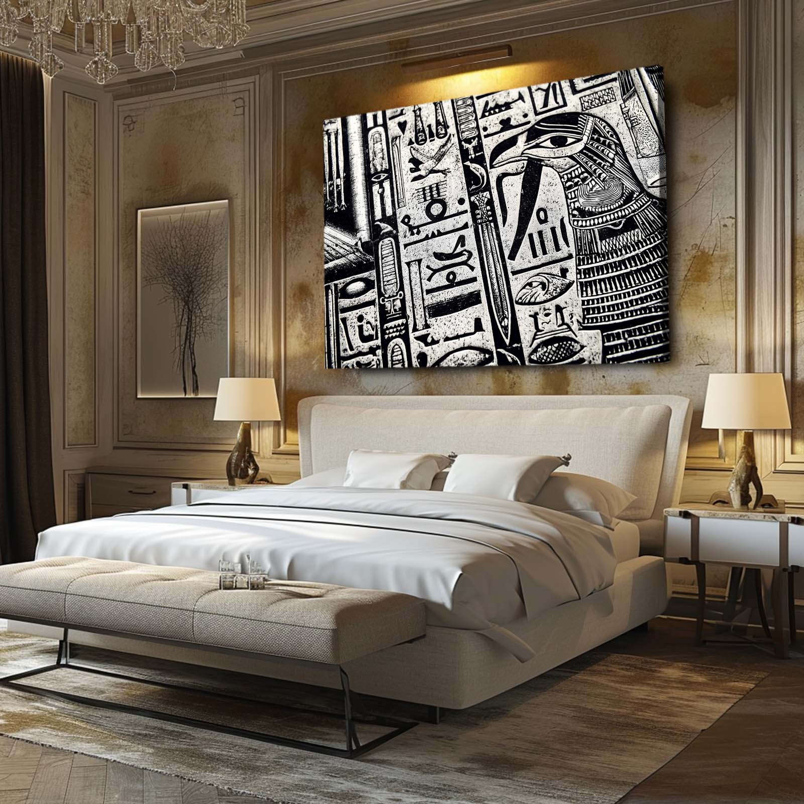 Monochrome Hieroglyph Column Egyptian Art – styled in a furnished interior