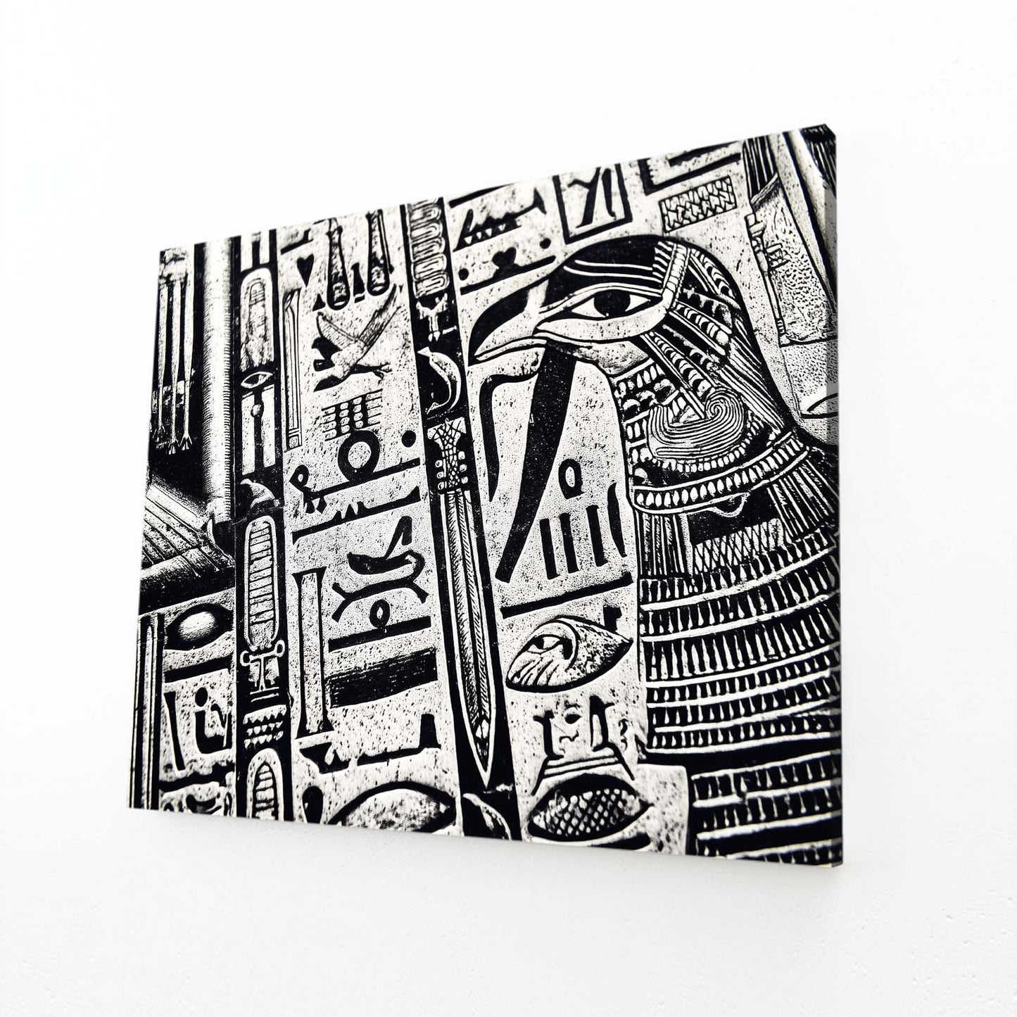 Monochrome Hieroglyph Column Egyptian Art – angled canvas view on white background