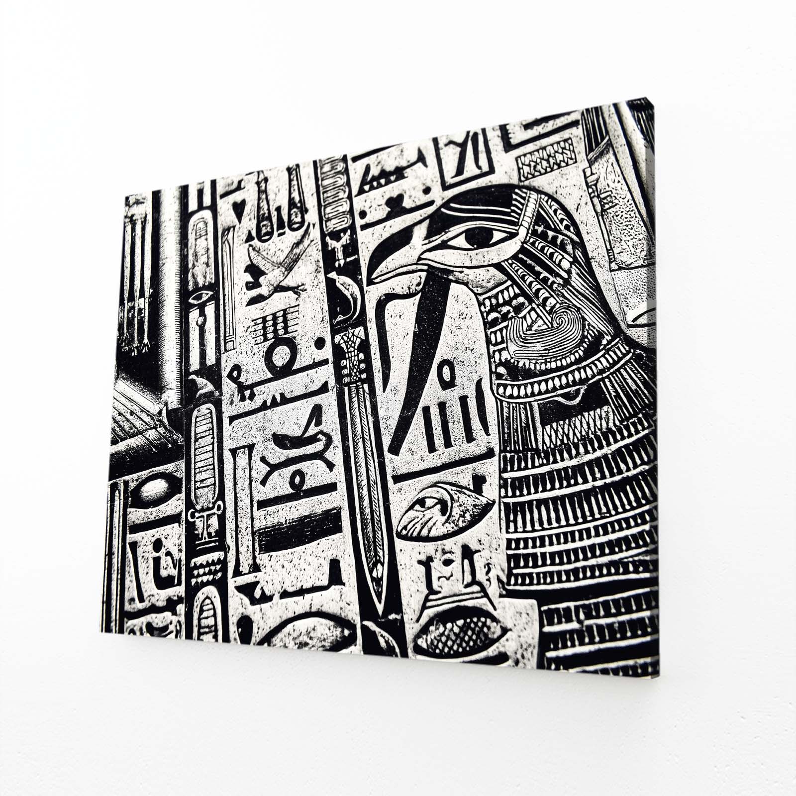 Monochrome Hieroglyph Column Egyptian Art – angled canvas view on white background