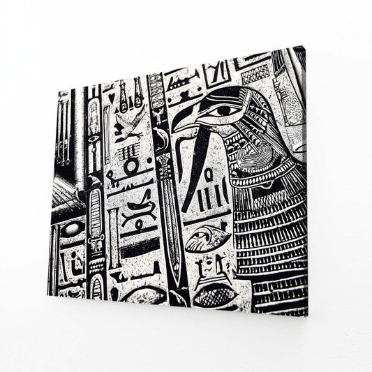Monochrome Hieroglyph Column Egyptian Art – angled canvas view on white background