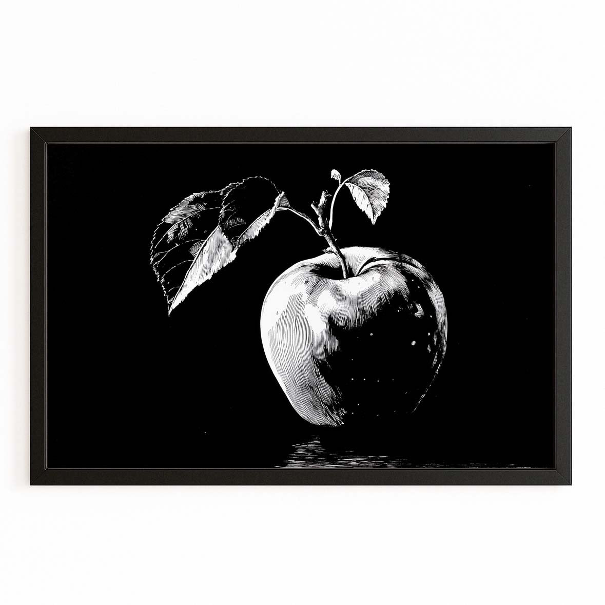 Monochrome Leaves Apple Art – with Premium Black frame on white background