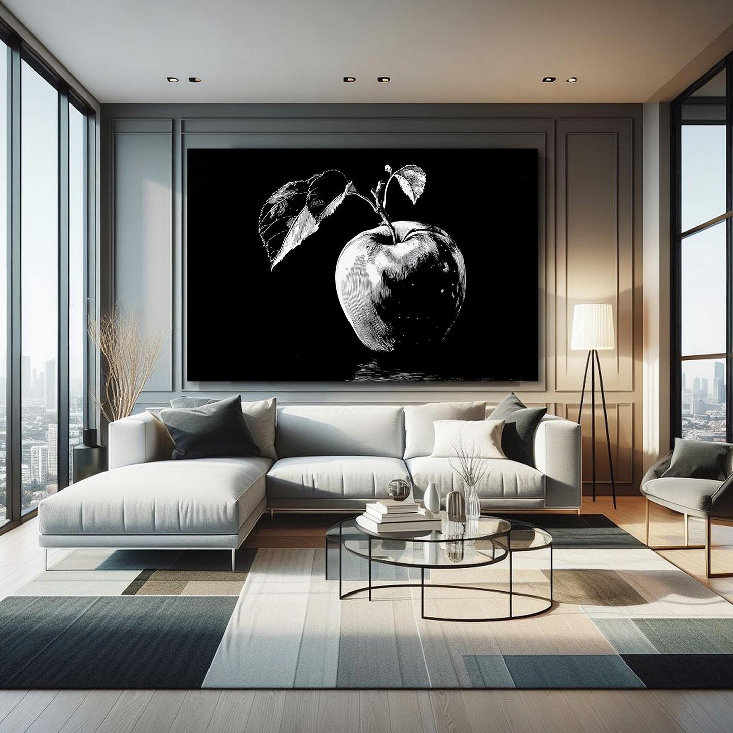 Monochrome Leaves Apple Art – styled in a furnished interior