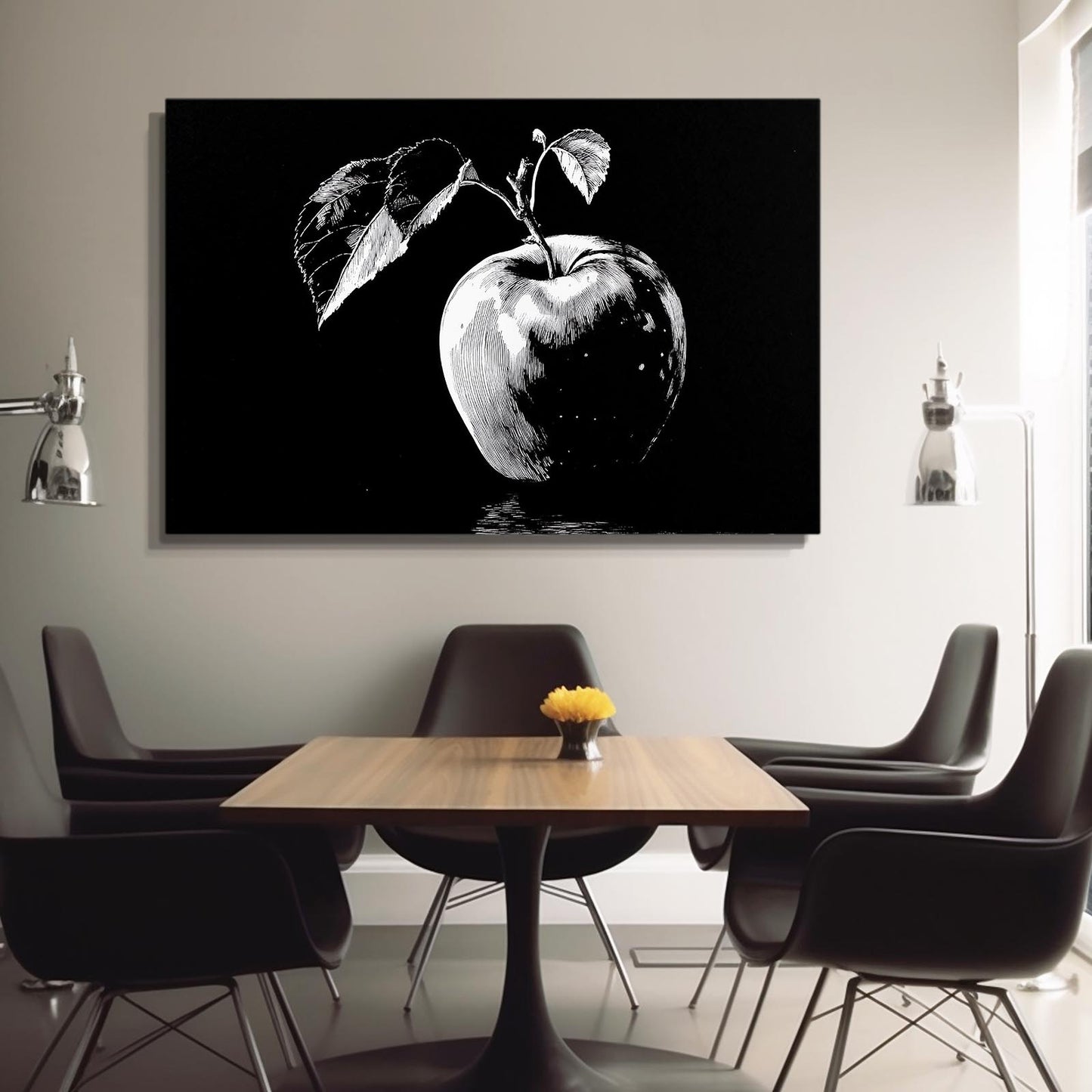 Monochrome Leaves Apple Art – styled in a furnished interior