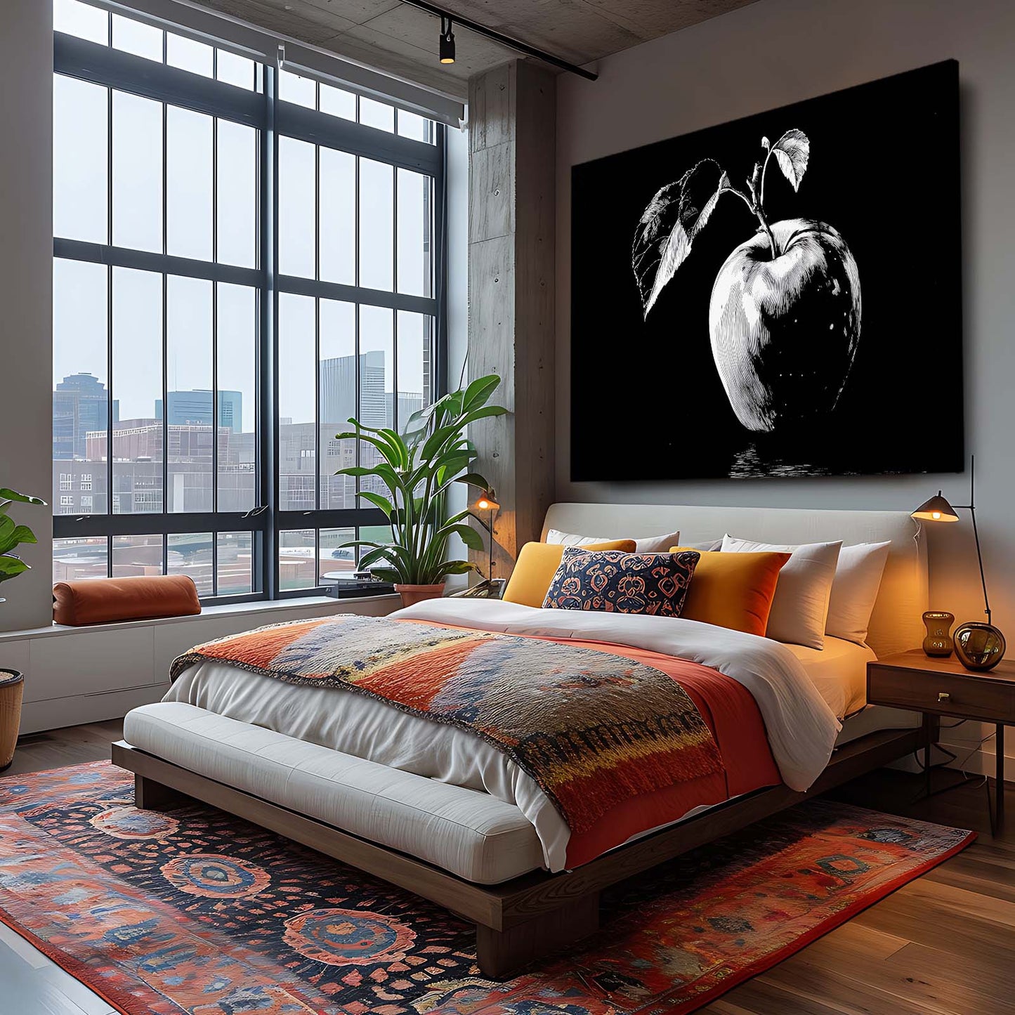 Monochrome Leaves Apple Art – styled in a furnished interior