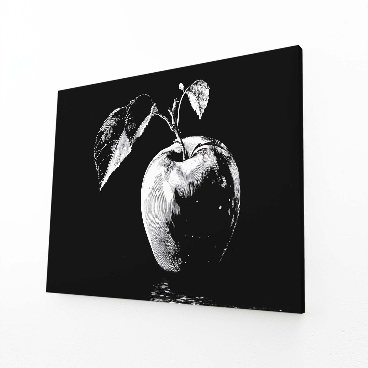 Monochrome Leaves Apple Art – angled canvas view on white background