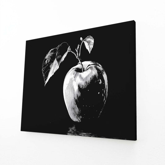 Monochrome Leaves Apple Art – angled canvas view on white background