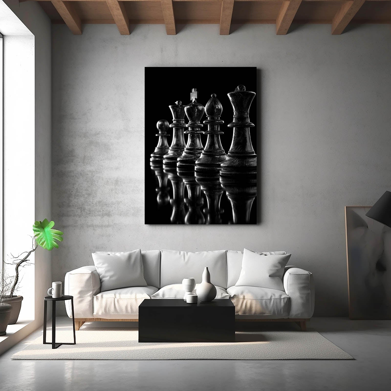 Monochrome Lineup Chess Canvas Art – styled in a furnished interior