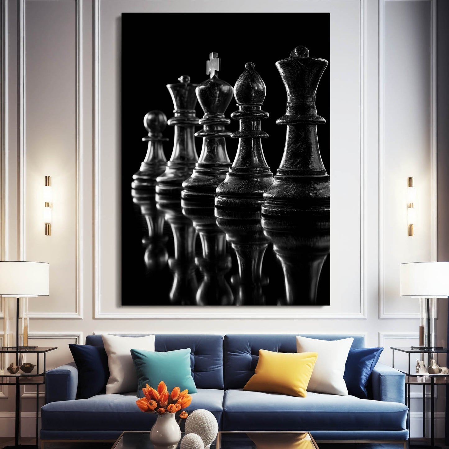 Monochrome Lineup Chess Canvas Art – styled in a furnished interior