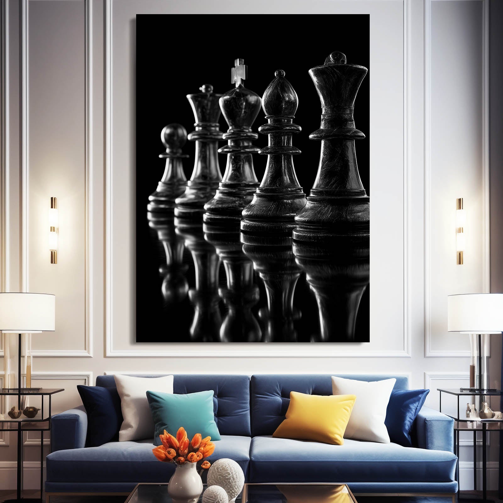 Monochrome Lineup Chess Canvas Art – styled in a furnished interior
