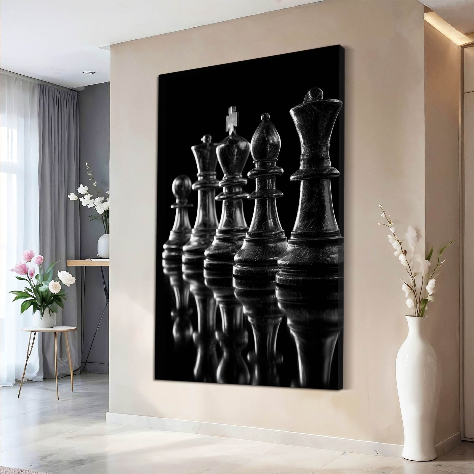 Monochrome Lineup Chess Canvas Art – styled in a furnished interior