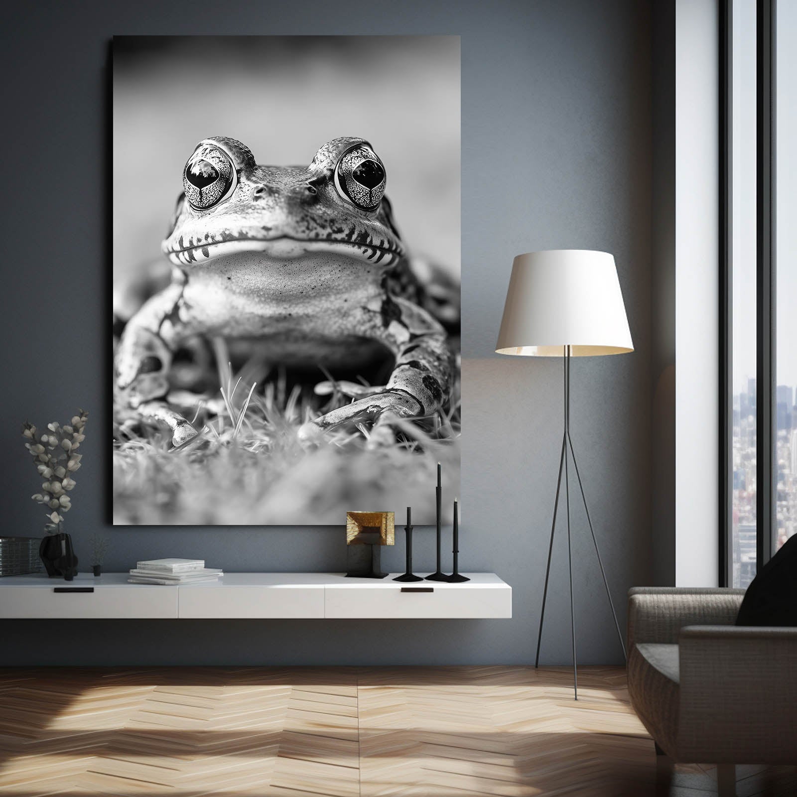 Monochrome Pond Portrait Frog Canvas – styled in a furnished interior