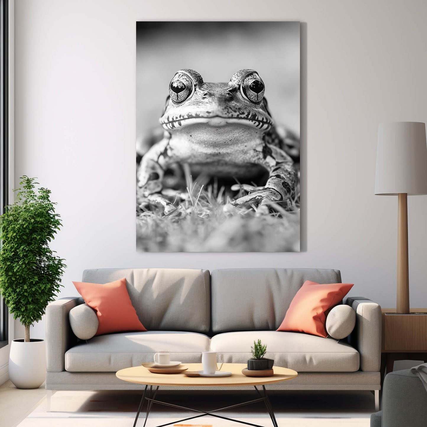 Monochrome Pond Portrait Frog Canvas – styled in a furnished interior