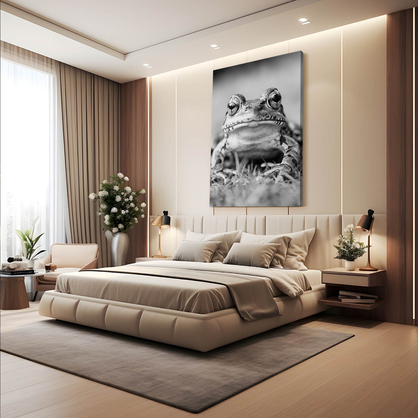 Monochrome Pond Portrait Frog Canvas – styled in a furnished interior