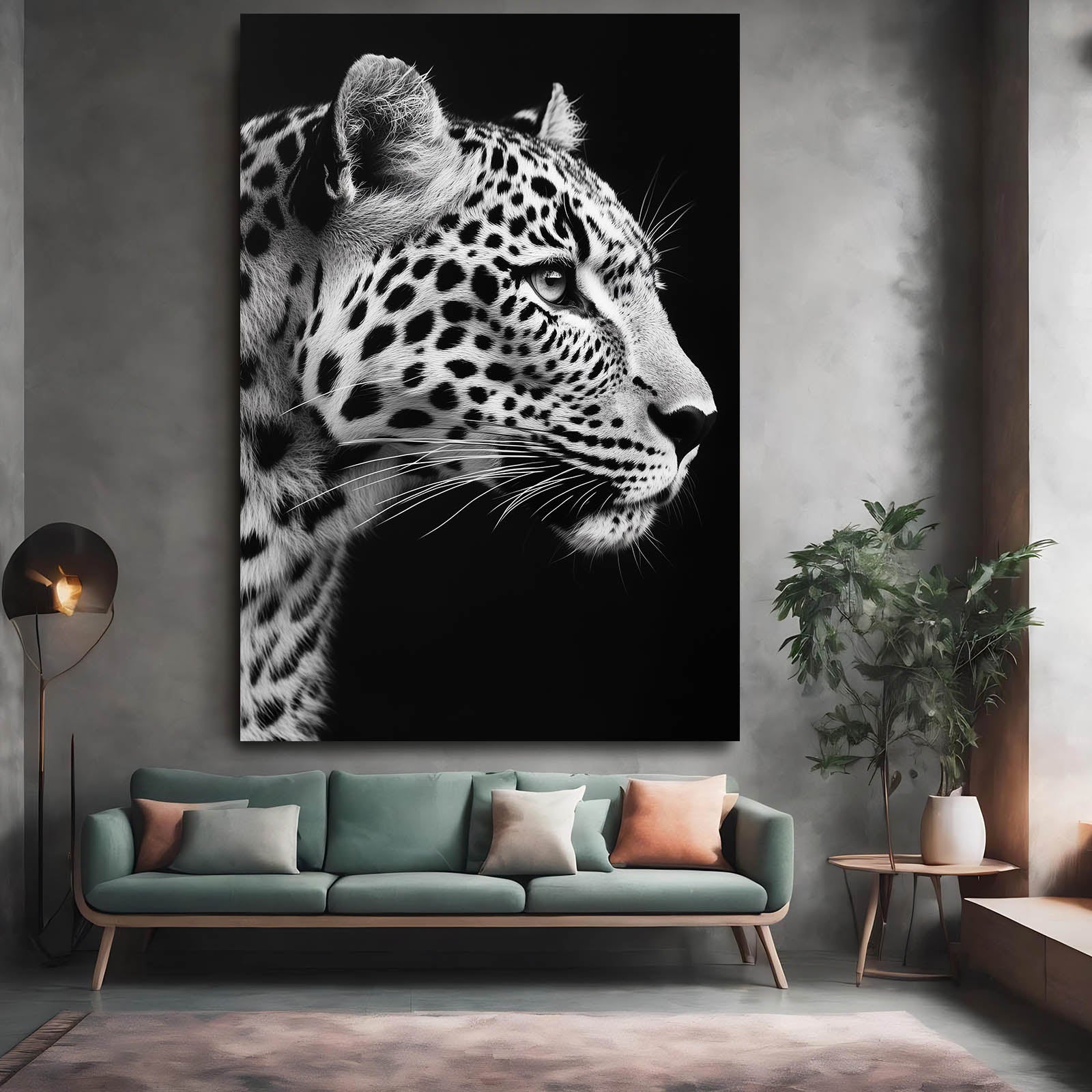 Monochrome Profile Leopard Art – styled in a furnished interior