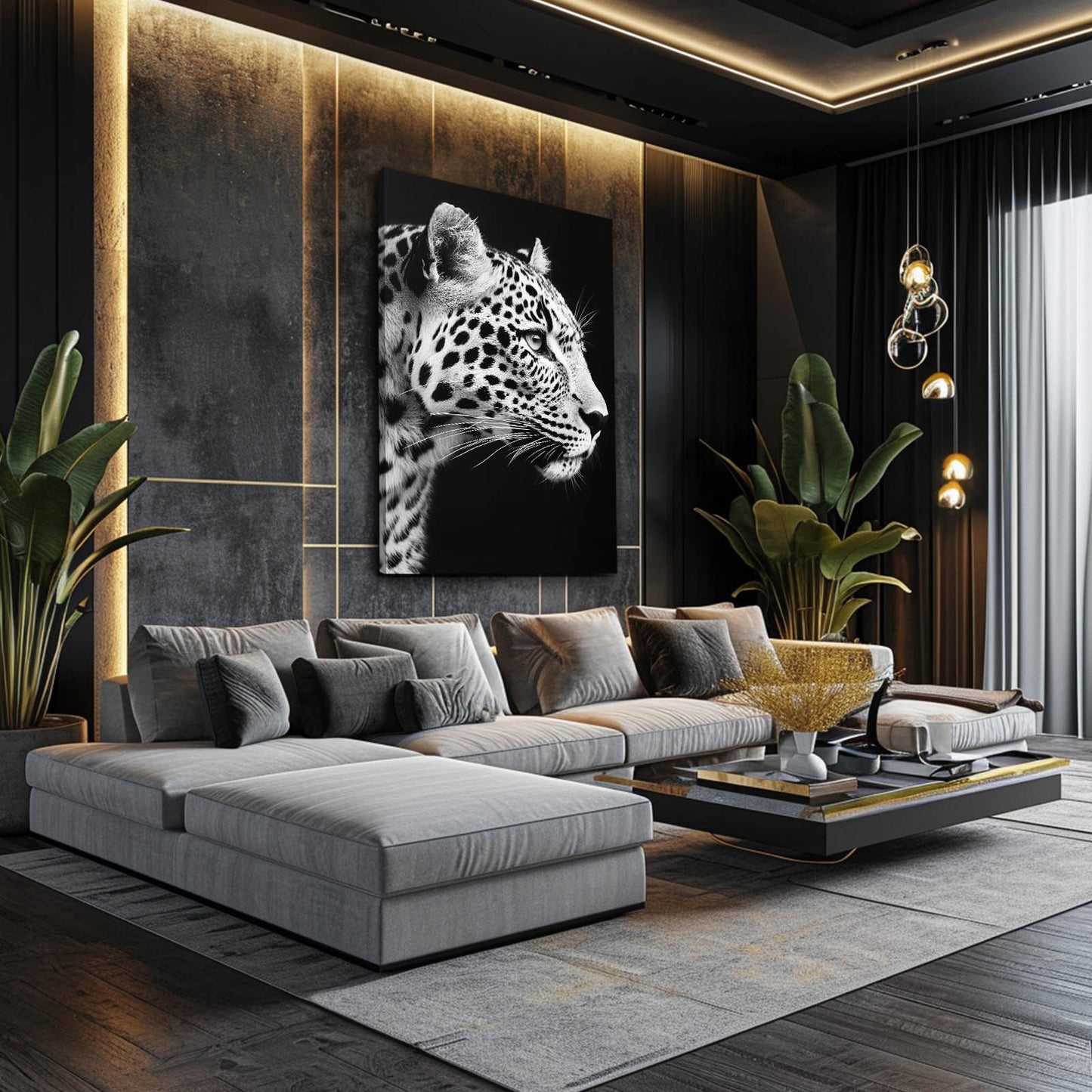 Monochrome Profile Leopard Art – styled in a furnished interior