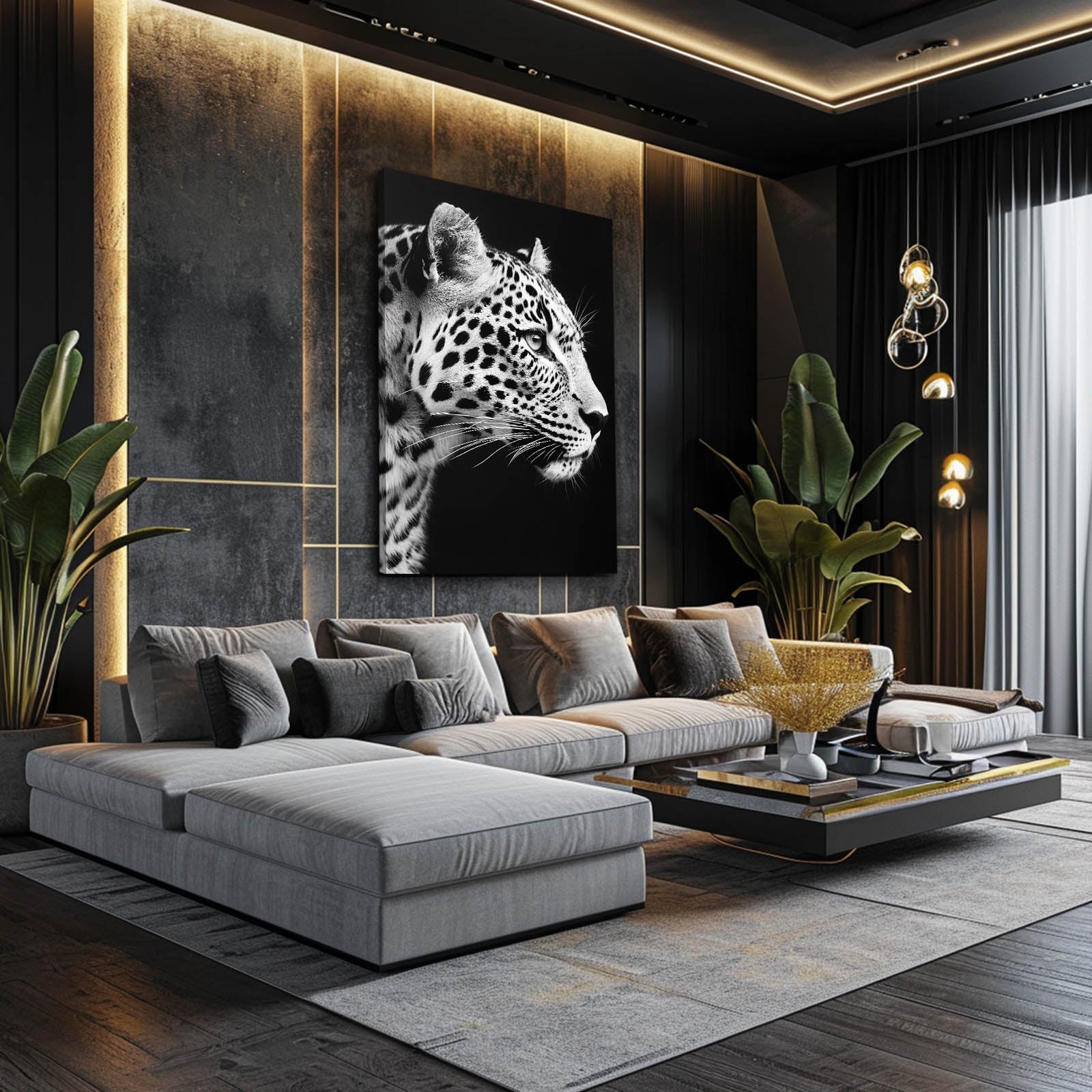Monochrome Profile Leopard Art – styled in a furnished interior