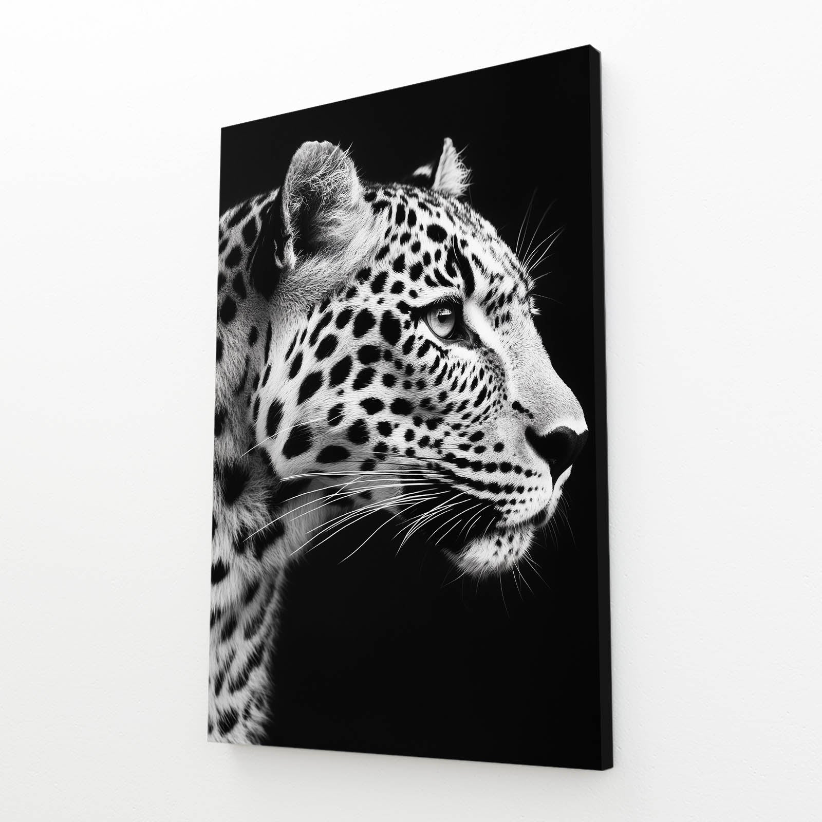 Monochrome Profile Leopard Art – angled canvas view on white background