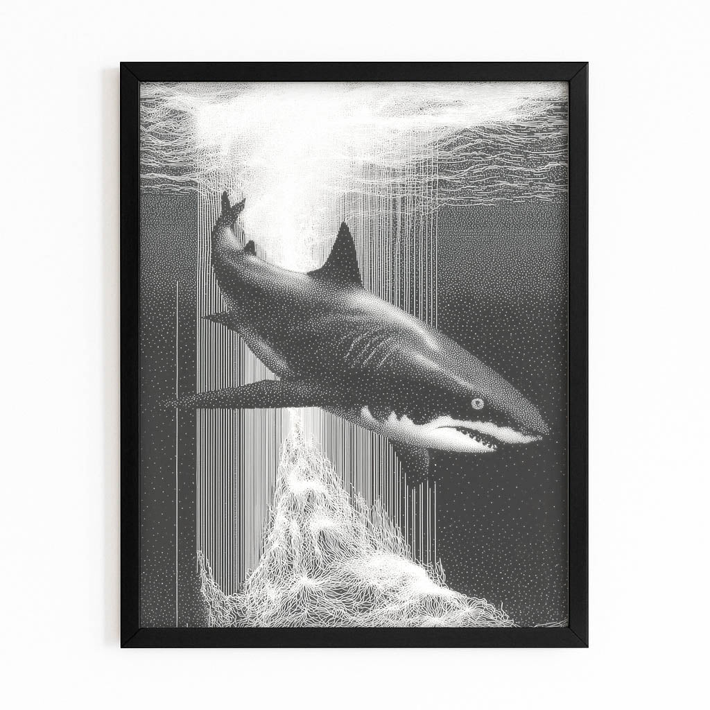 Monochrome Rain Shark Wall Decor – with Premium Black frame on white background