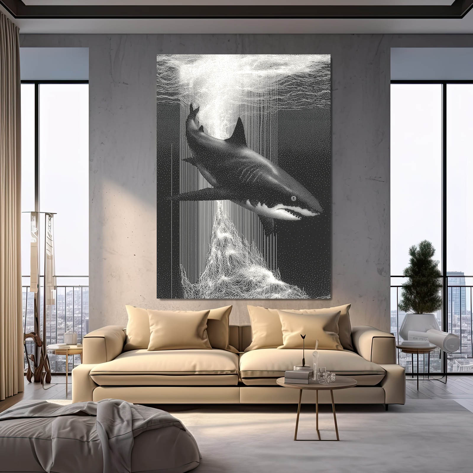 Monochrome Rain Shark Wall Decor – styled in a furnished interior