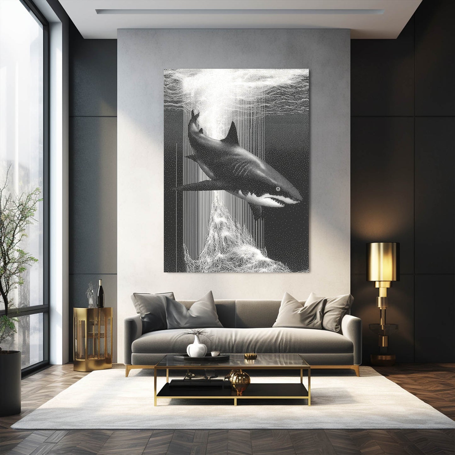 Monochrome Rain Shark Wall Decor – styled in a furnished interior