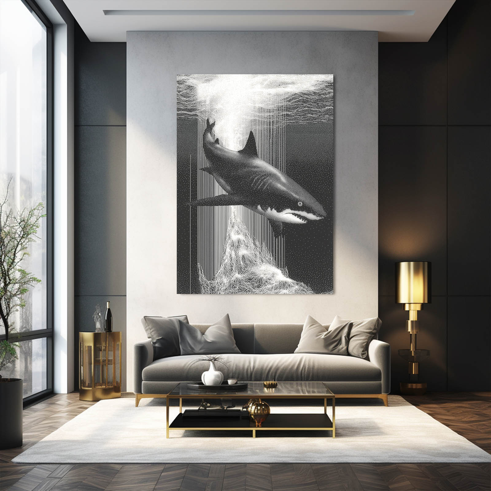 Monochrome Rain Shark Wall Decor – styled in a furnished interior