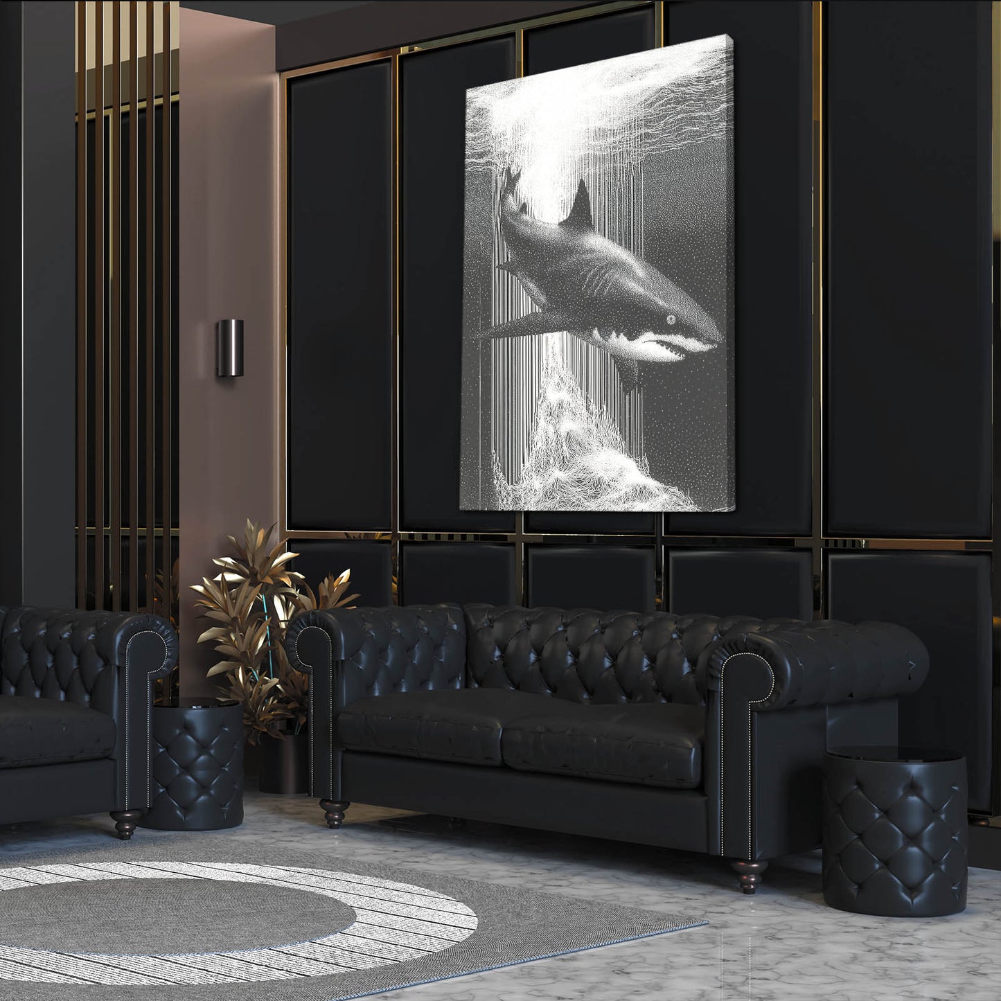 Monochrome Rain Shark Wall Decor – styled in a furnished interior