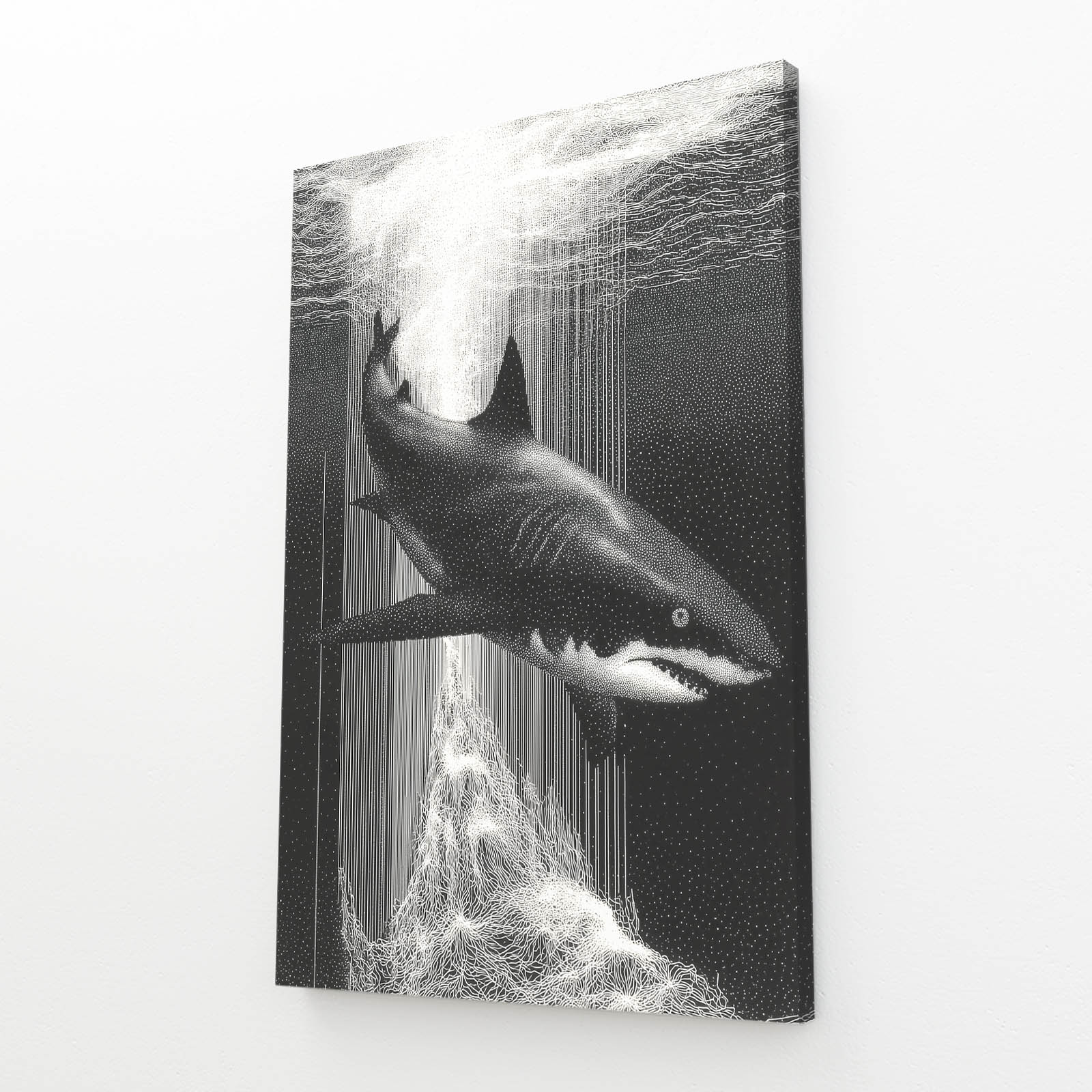 Monochrome Rain Shark Wall Decor – angled canvas view on white background