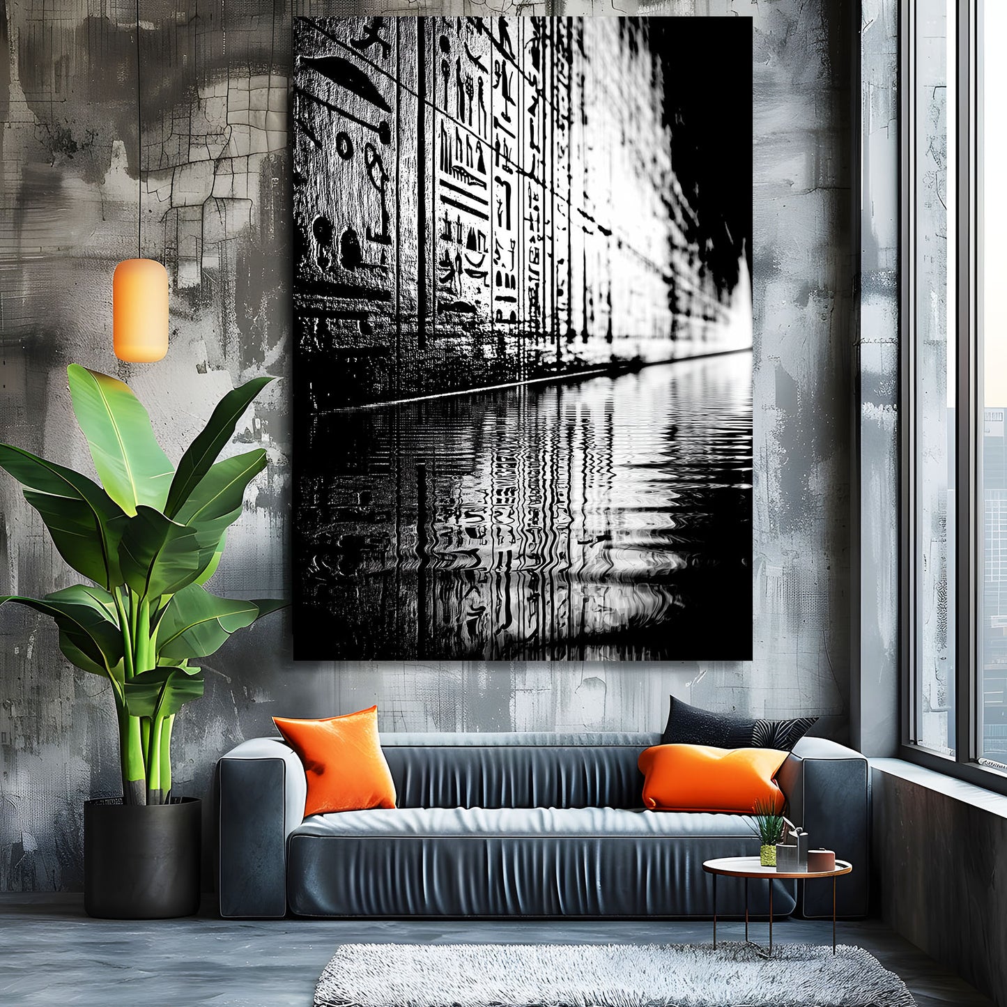 Monochrome Reflection Corridor Egyptian Canvas – styled in a furnished interior