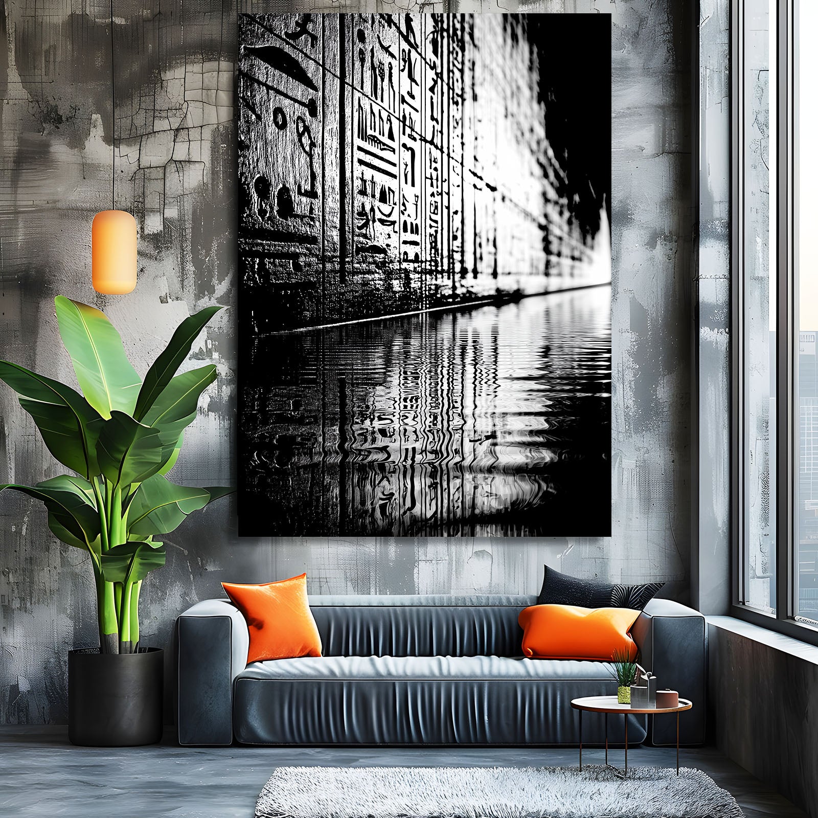 Monochrome Reflection Corridor Egyptian Canvas – styled in a furnished interior
