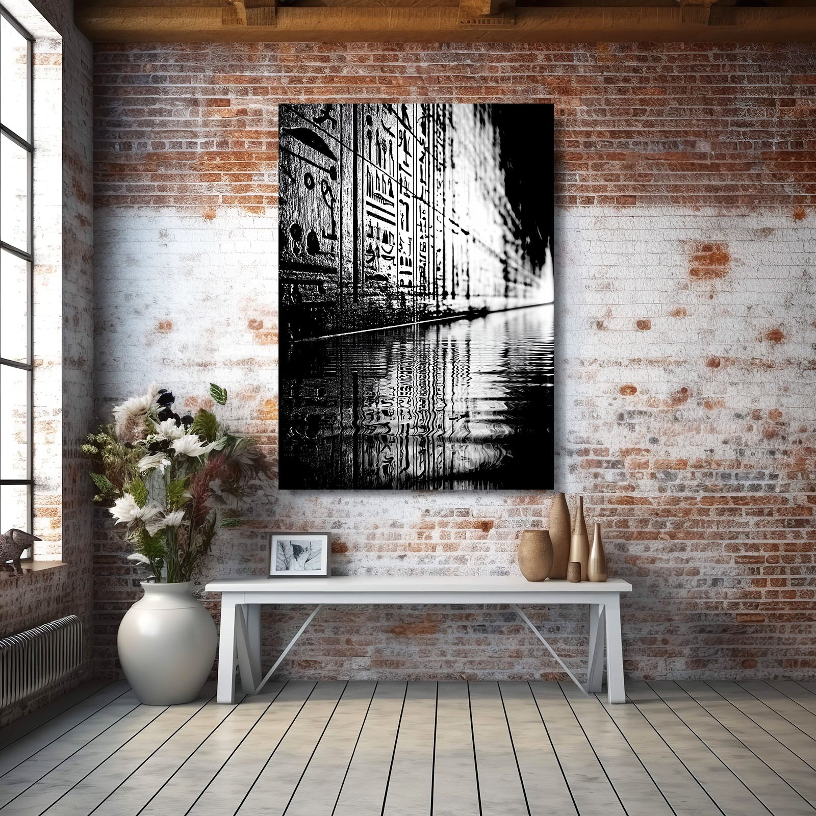 Monochrome Reflection Corridor Egyptian Canvas – styled in a furnished interior