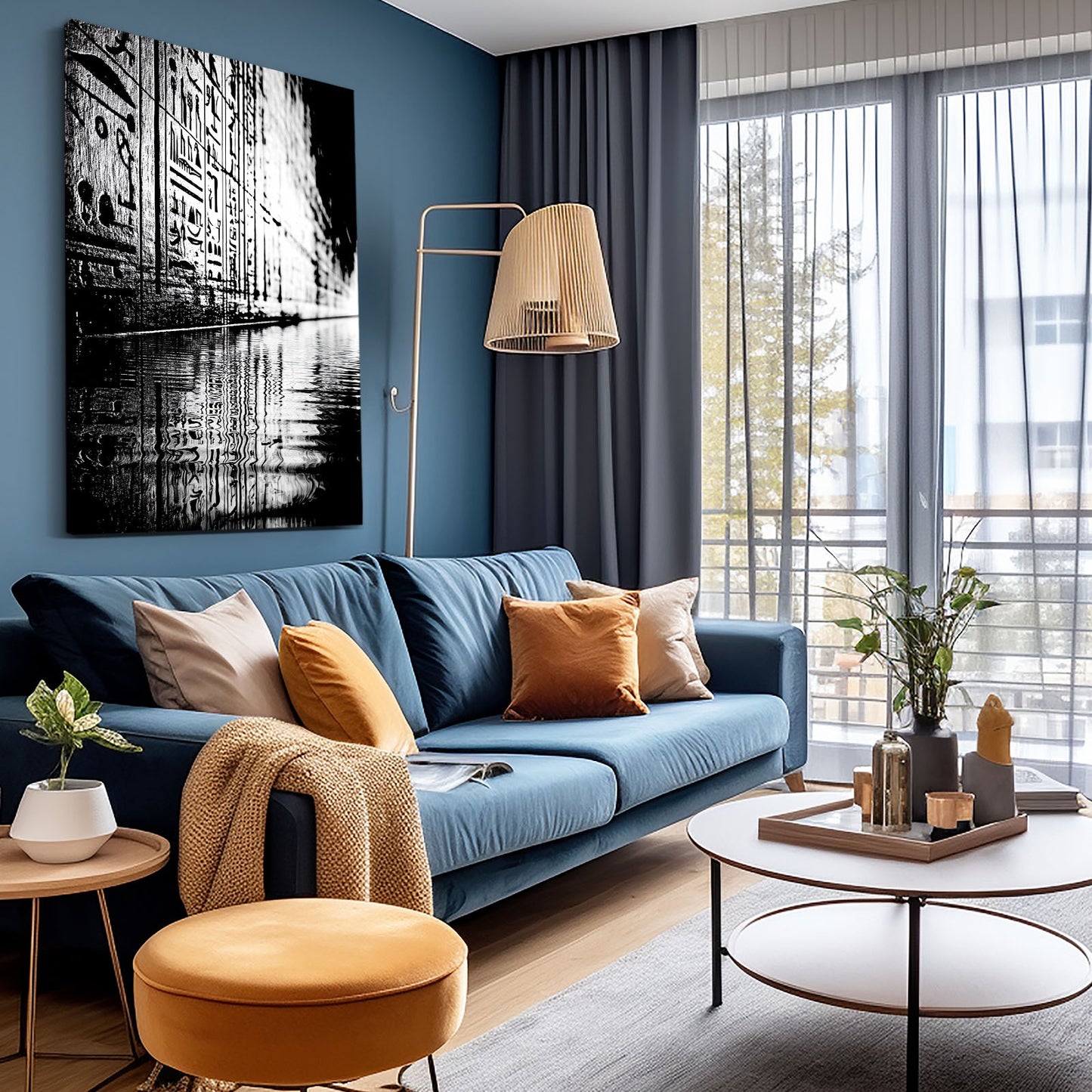Monochrome Reflection Corridor Egyptian Canvas – styled in a furnished interior