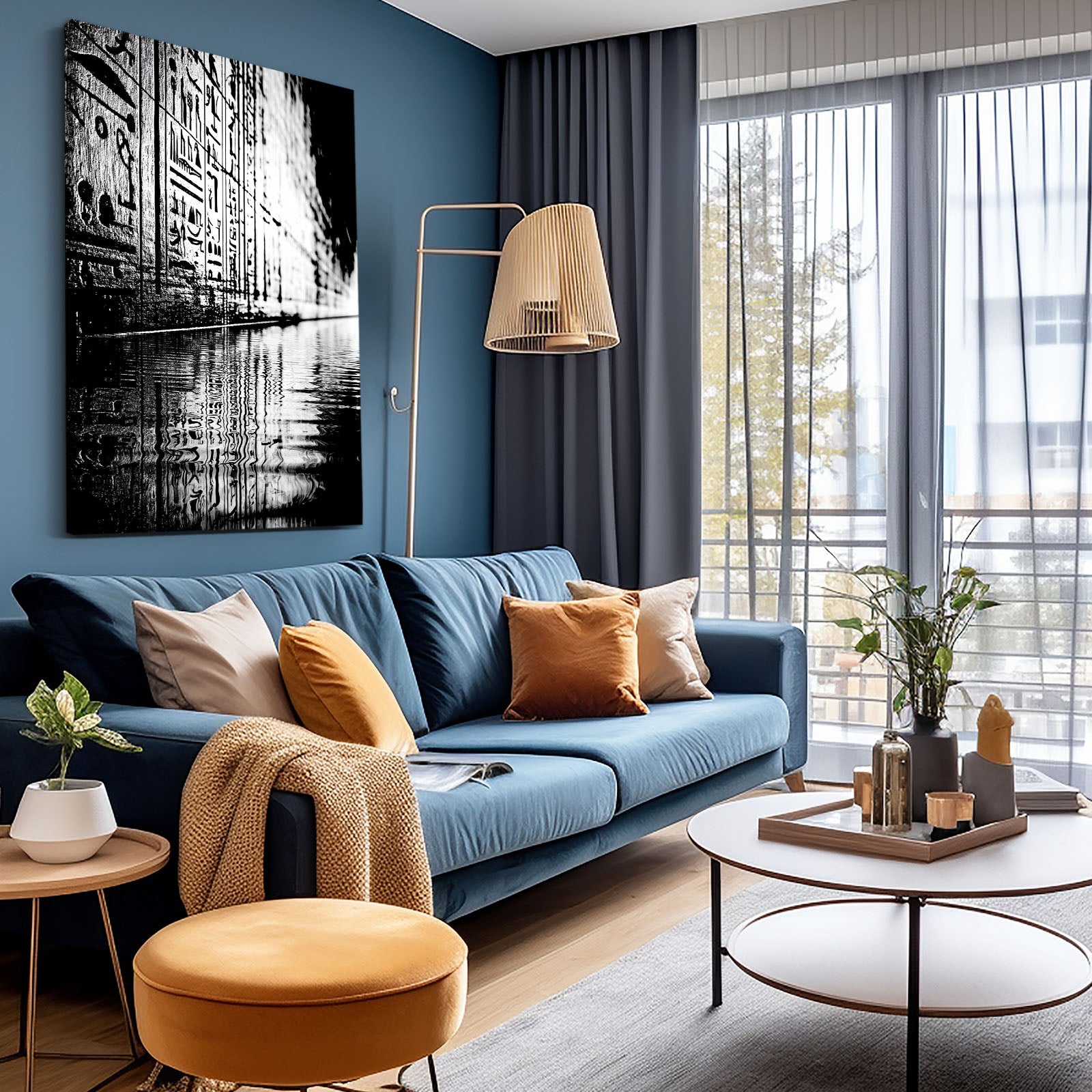 Monochrome Reflection Corridor Egyptian Canvas – styled in a furnished interior
