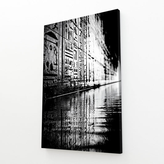 Monochrome Reflection Corridor Egyptian Canvas – angled canvas view on white background
