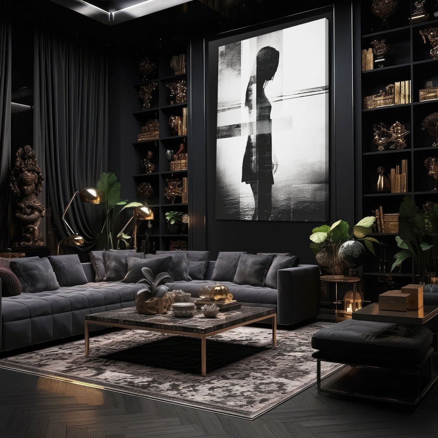 Monochrome Silhouette Figure Photography Wall Decor – styled in a furnished interior