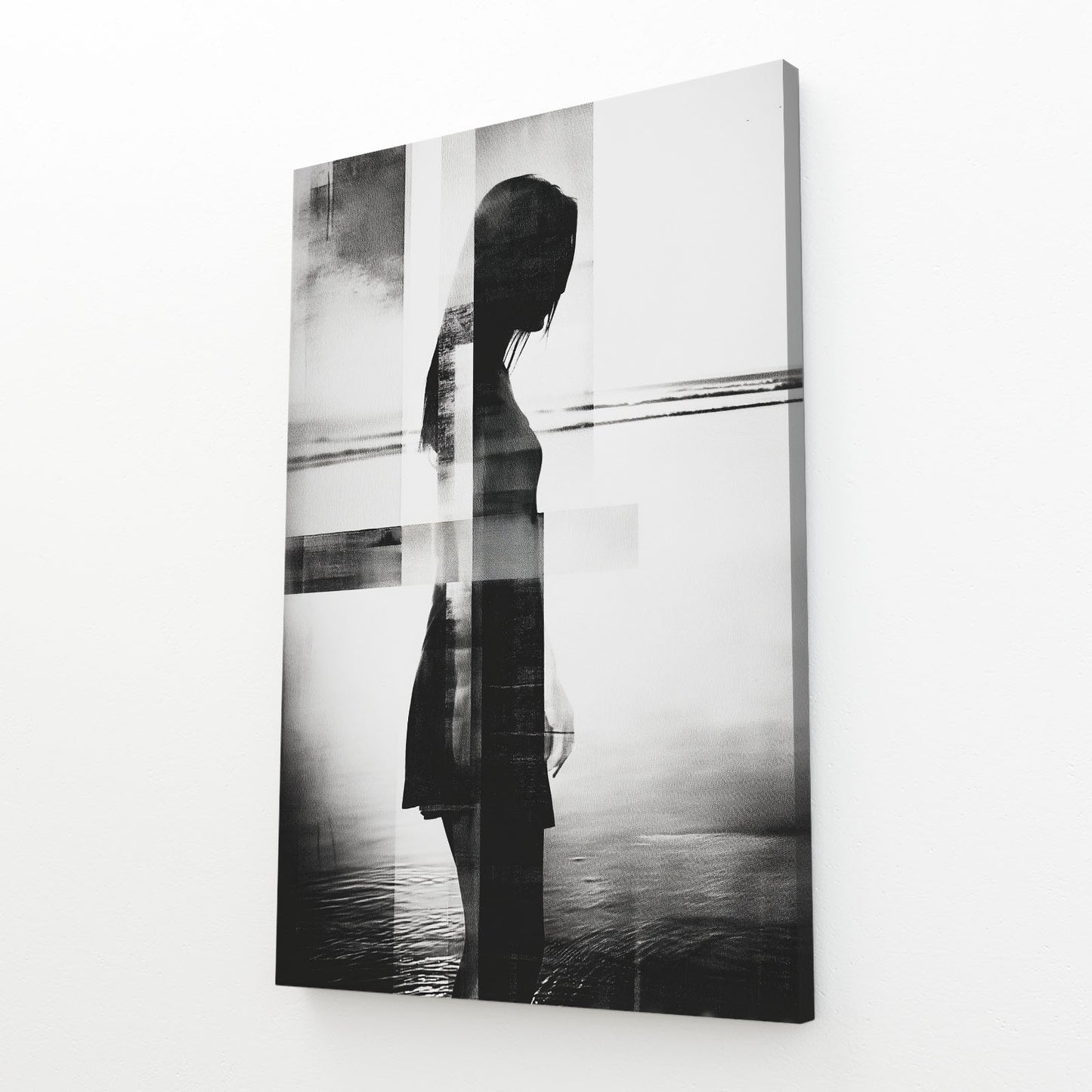 Monochrome Silhouette Figure Photography Wall Decor – angled canvas view on white background