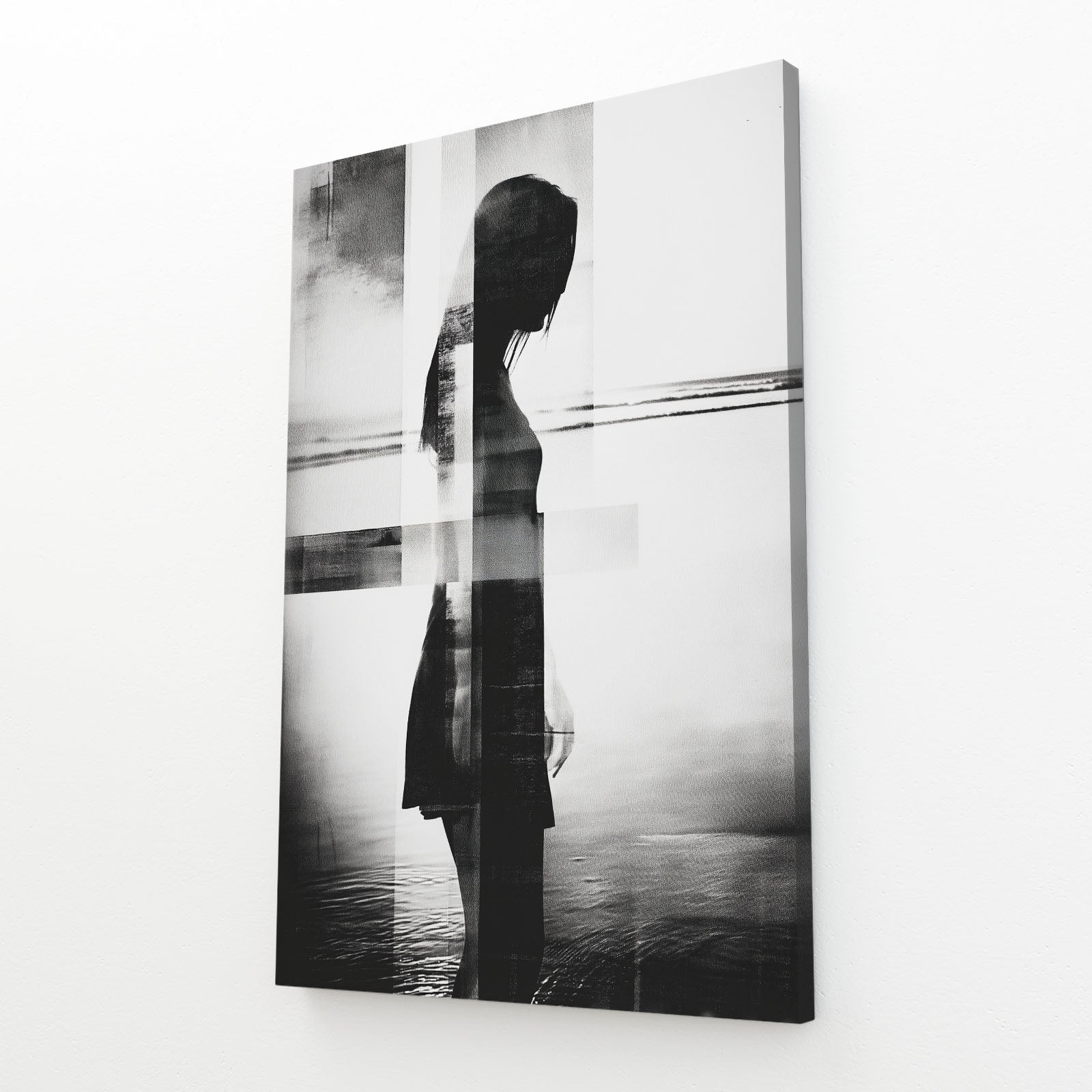 Monochrome Silhouette Figure Photography Wall Decor – angled canvas view on white background