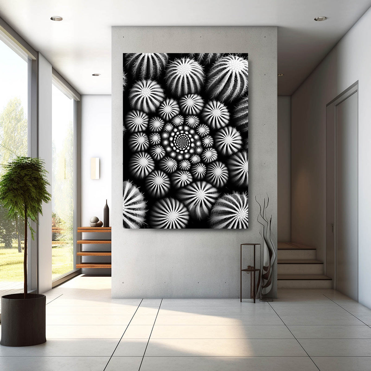 Monochrome Spine Pattern Cactus Canvas Art — abstract canvas print, styled in a furnished interior