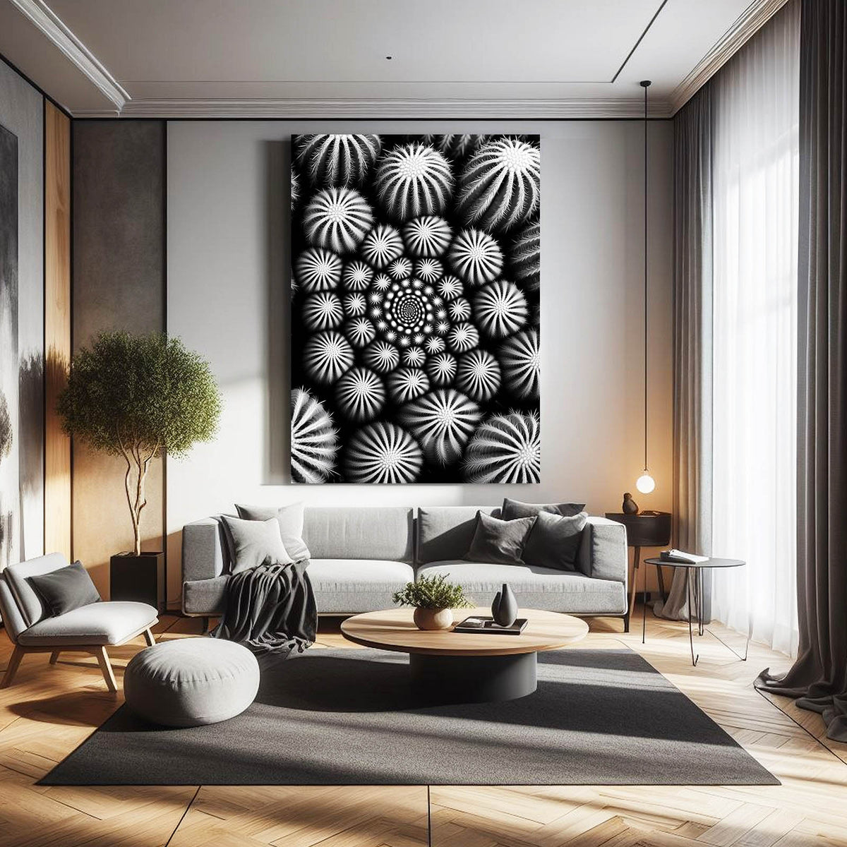 Monochrome Spine Pattern Cactus Canvas Art — abstract canvas print, styled in a furnished interior