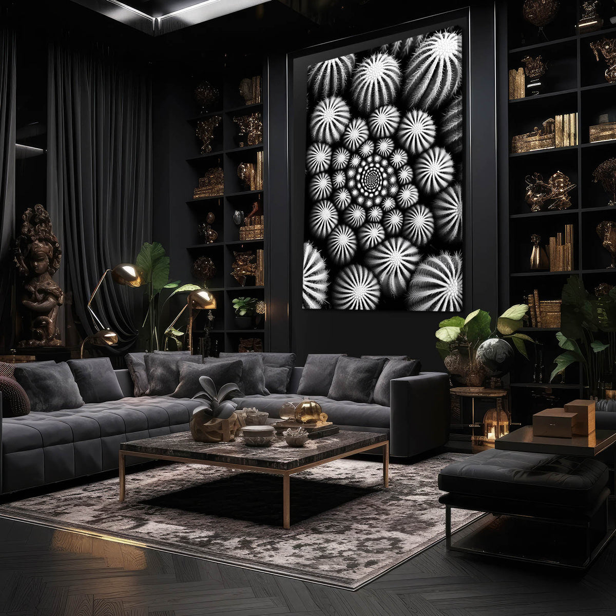 Monochrome Spine Pattern Cactus Canvas Art — abstract canvas print, styled in a furnished interior