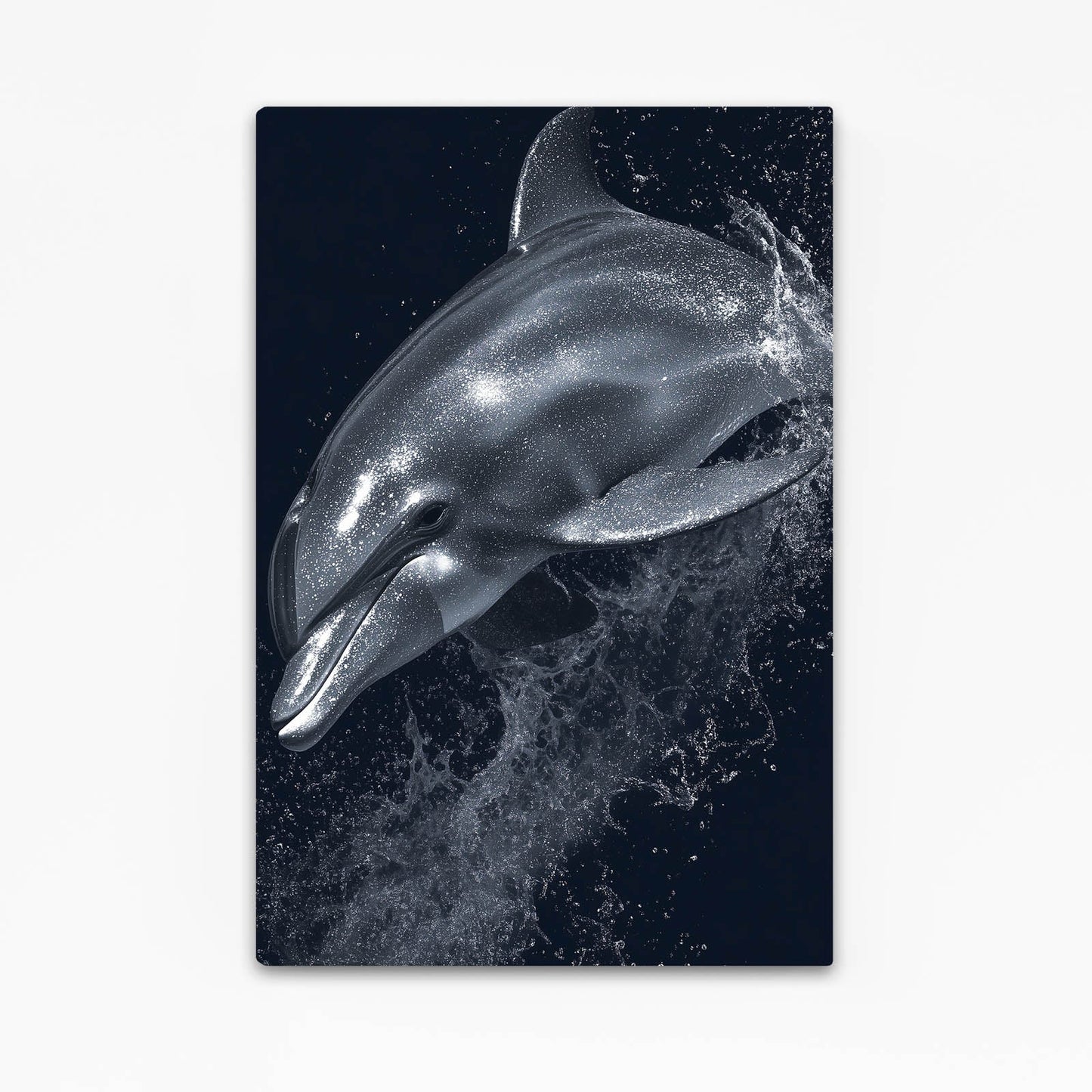 Monochrome Splash Dolphin Artwork – black and white dolphin head bursting through a wall of water spray