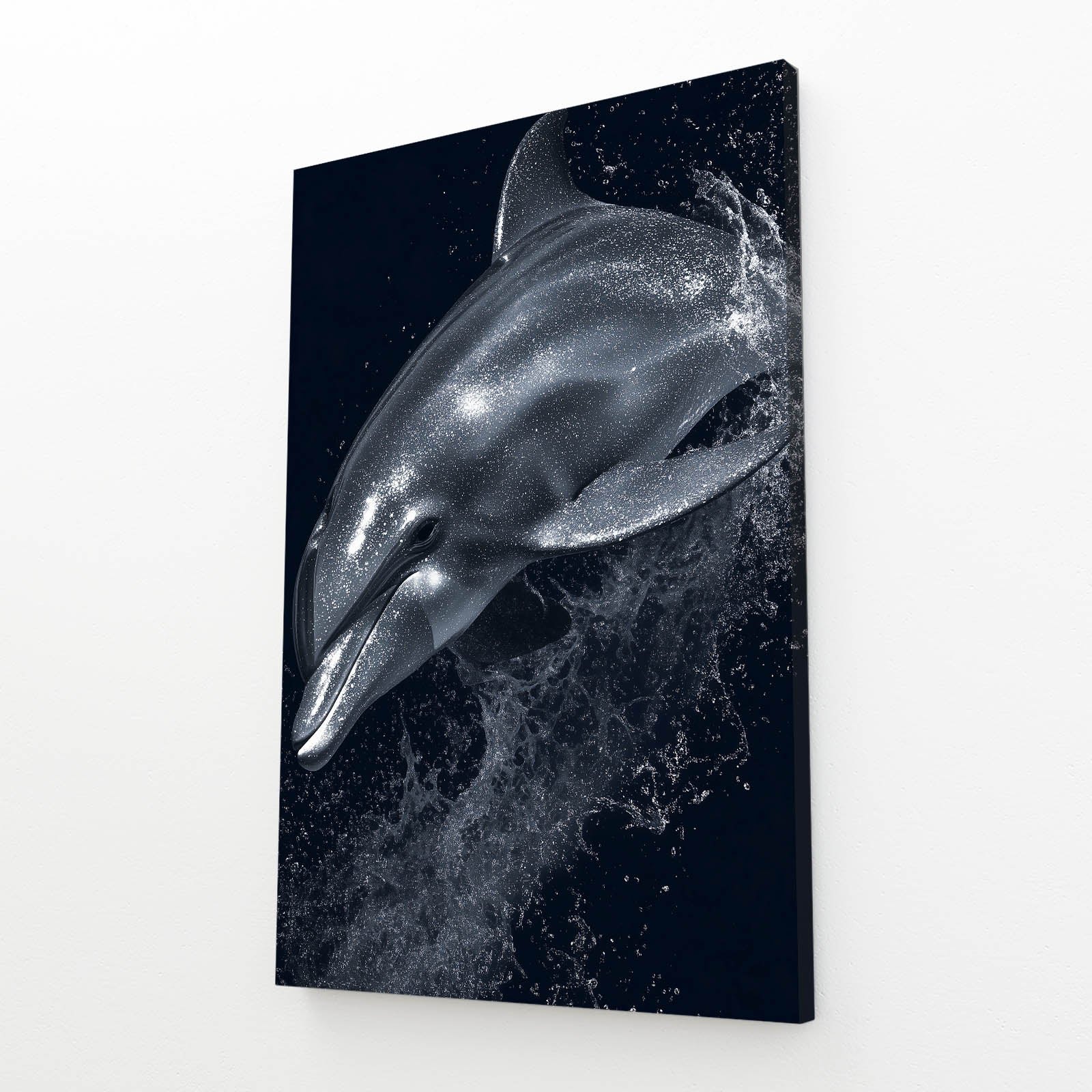 Monochrome Splash Dolphin Artwork – angled canvas view on white background