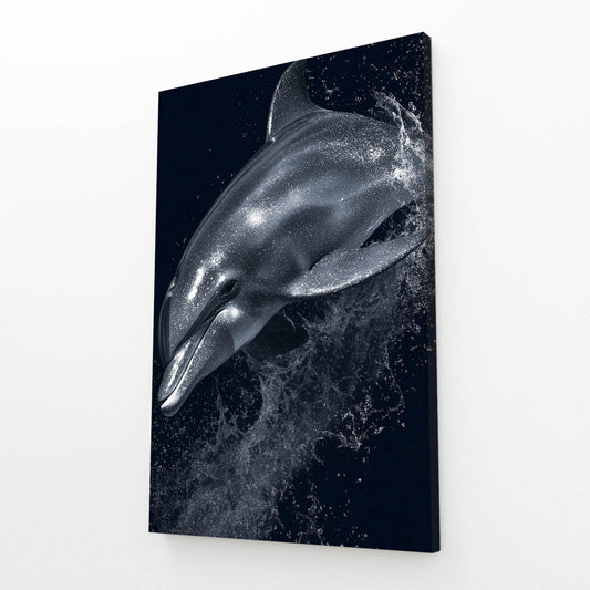 Monochrome Splash Dolphin Artwork – angled canvas view on white background