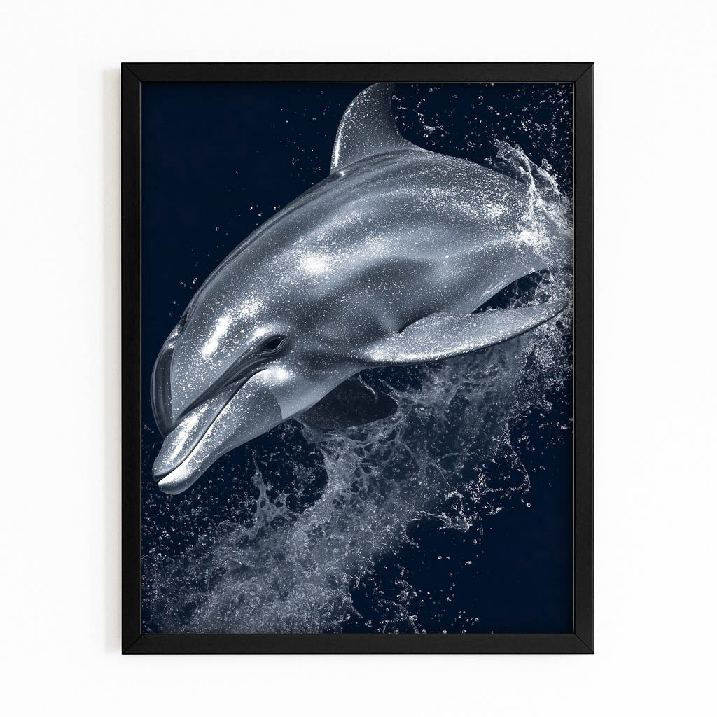 Monochrome Splash Dolphin Artwork – with Premium Black wood frame on white background