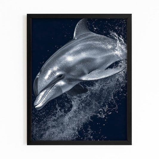 Monochrome Splash Dolphin Artwork – with Premium Black wood frame on white background