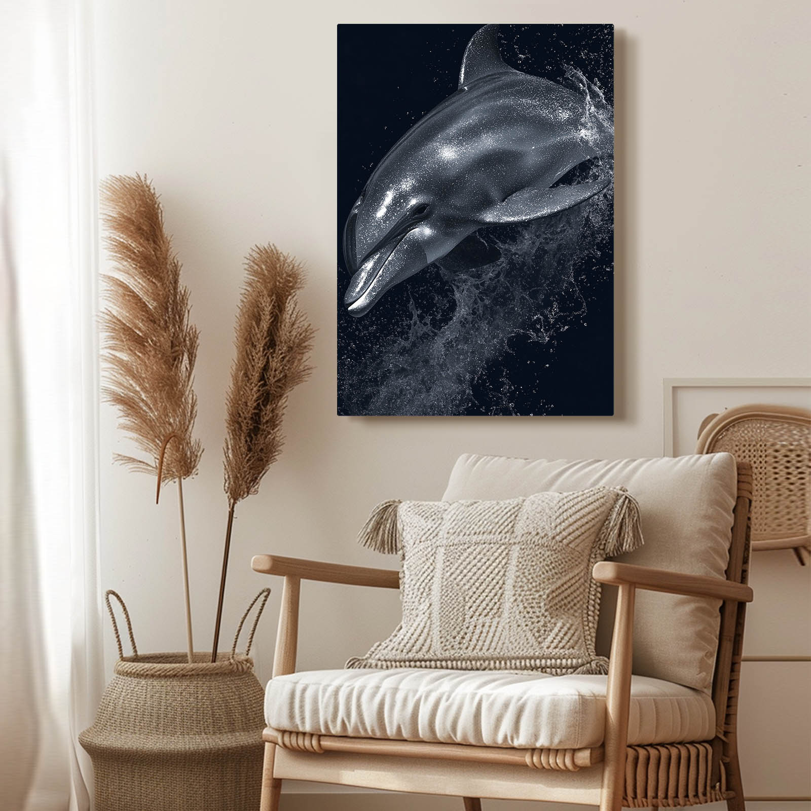 Monochrome Splash Dolphin Artwork – styled in a furnished interior