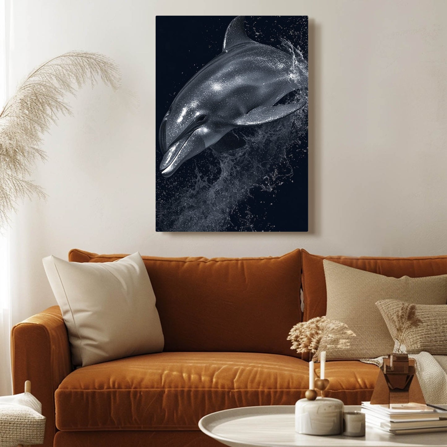 Monochrome Splash Dolphin Artwork – styled in a furnished interior