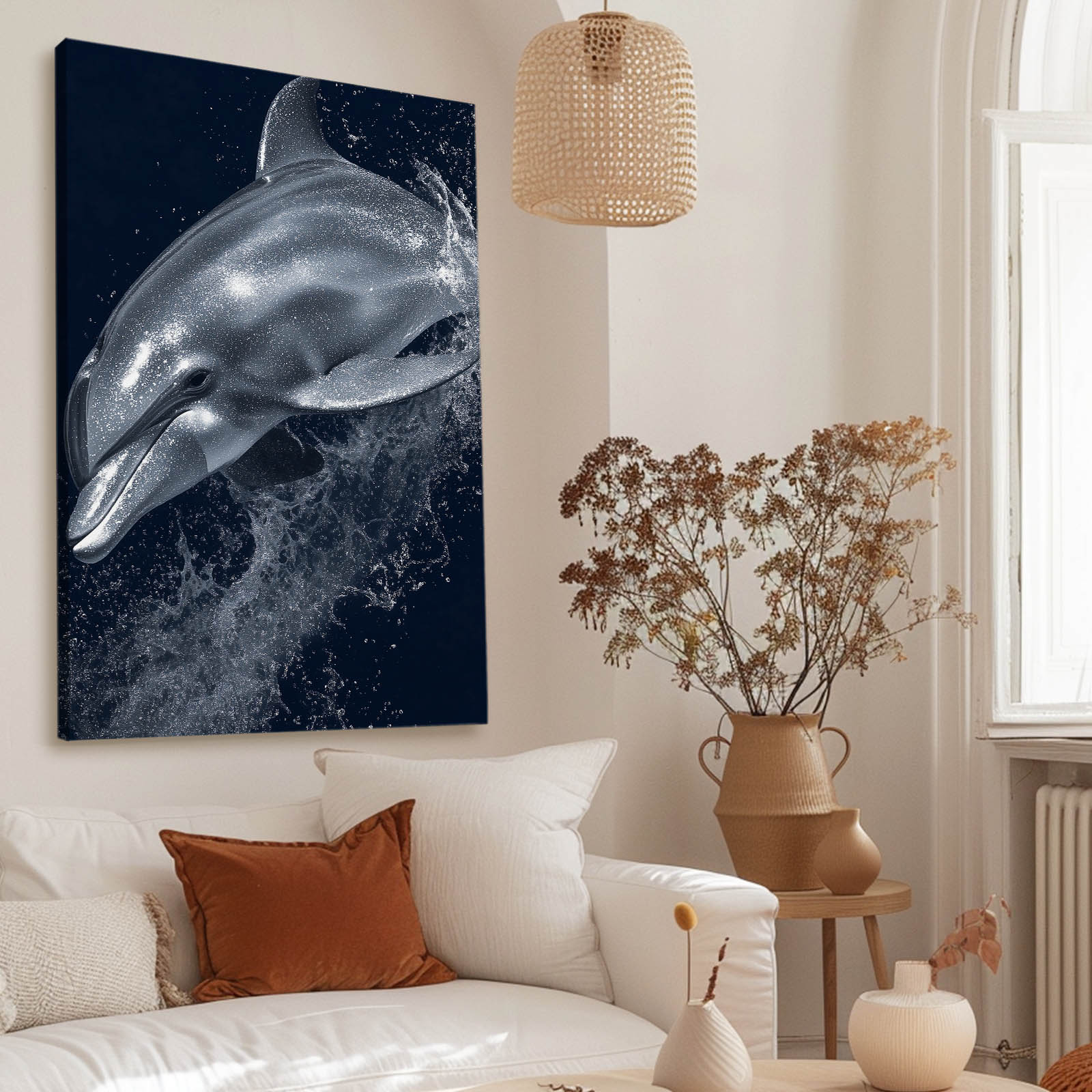 Monochrome Splash Dolphin Artwork – styled in a furnished interior